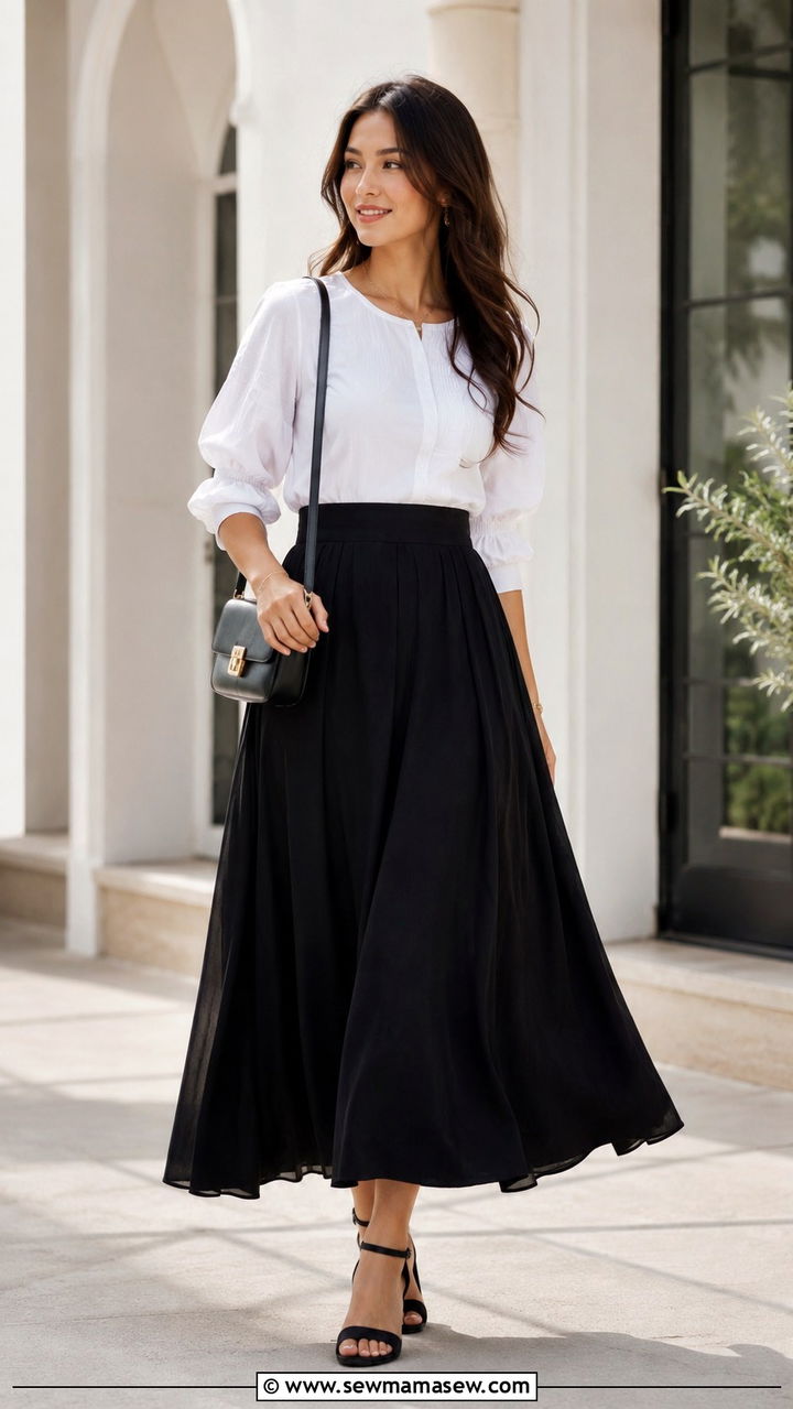 Black maxi skirt with white blouse - 30 Spring outfits with maxi skirts