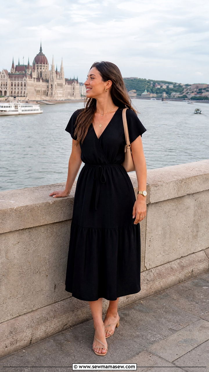 Black midi dress and low heels travel outfit - 25 French girl outfit ideas for travel