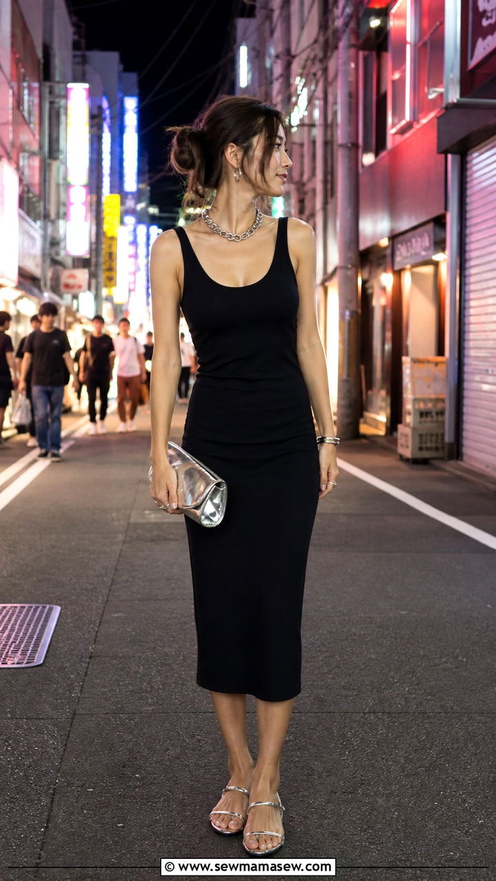 Black midi dress and metallic accessories for Tokyo nightlife - 40 What to wear in Tokyo