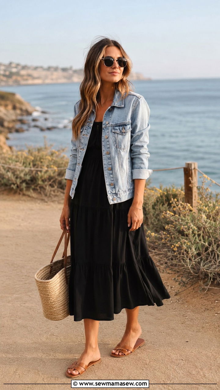 Black midi dress with a denim jacket and flat sandals - 30 Midi dress outfit ideas with a denim jacket