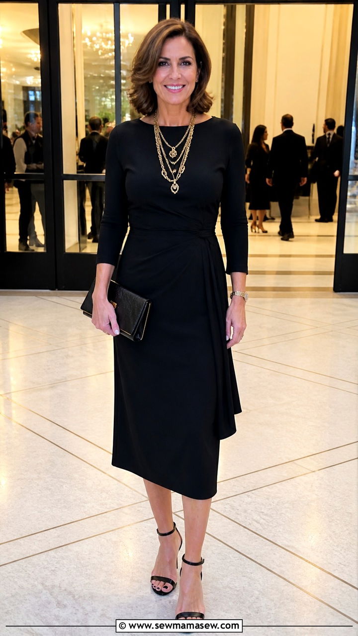Black midi dress with a statement necklace and heels - 40 Outfit ideas for women over 40