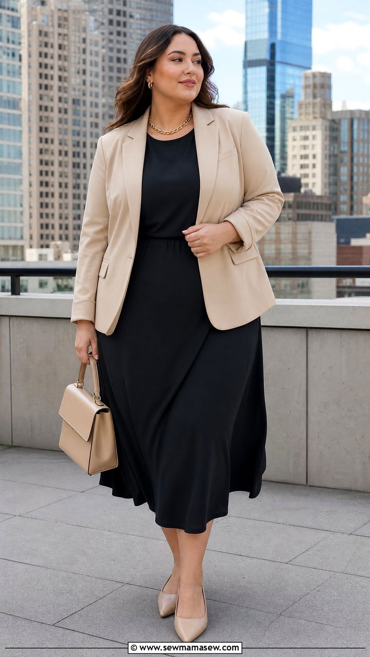 Black midi dress with a tailored beige blazer - 30 Clean girl outfit ideas plus size