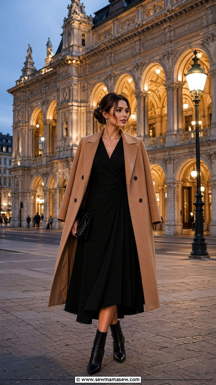 Black midi dress with a tailored wool coat Vienna opera outfit - 35 Europe travel outfits for women