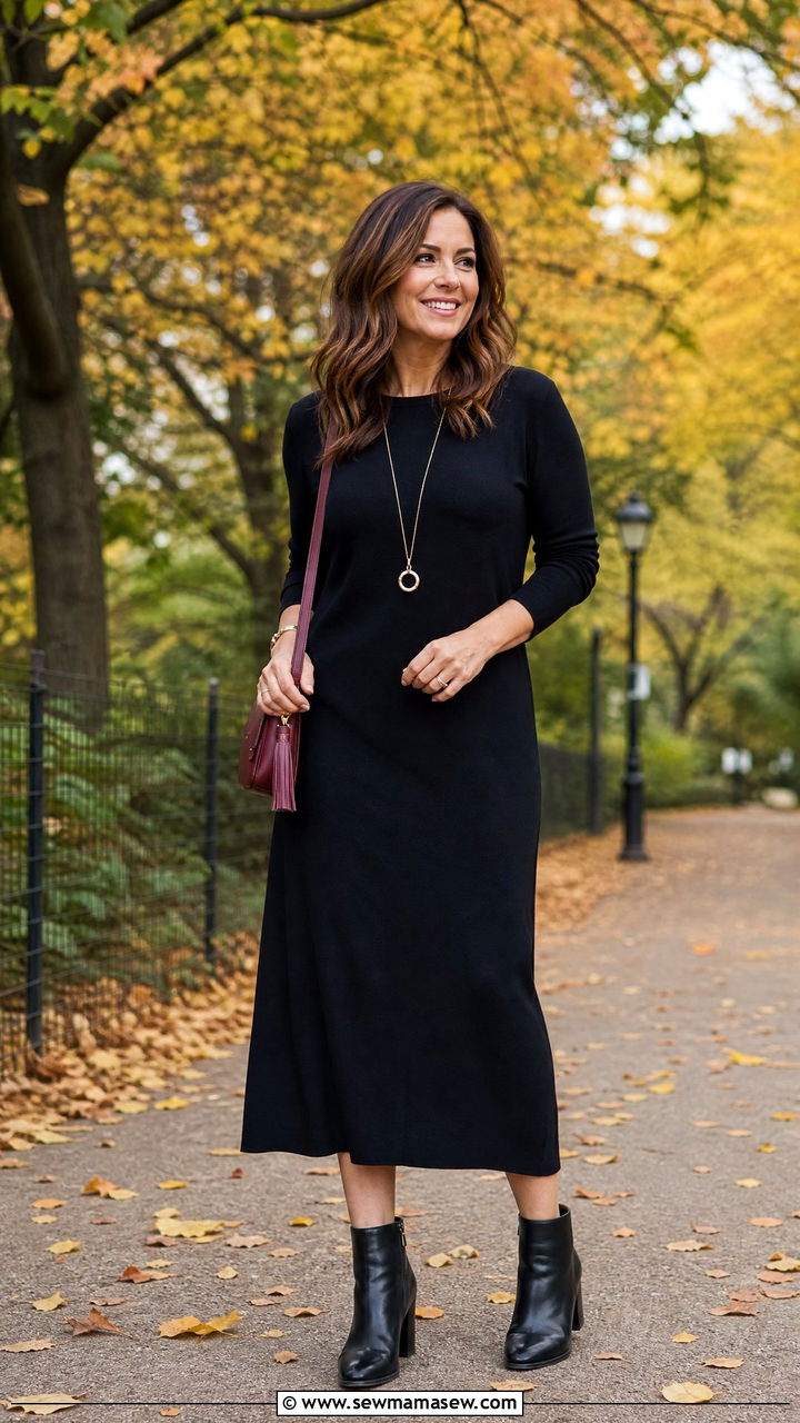 Black midi dress with ankle boots - 30 midi dress outfits for women over 40
