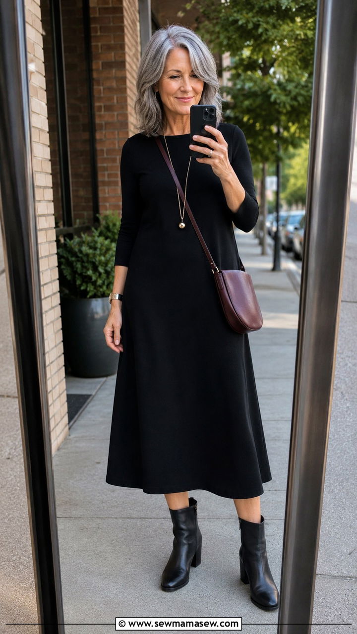 Black midi dress with ankle boots over 50 - 30 Midsize outfits for women over 50