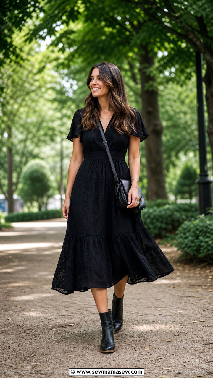Black midi dress with ankle boots - 35 black outfit ideas for women