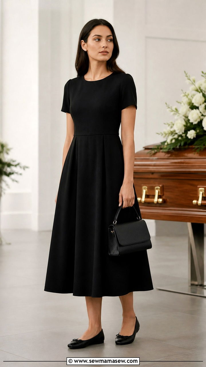 Black midi dress with ballet flats funeral outfit - 40 Funeral outfit ideas
