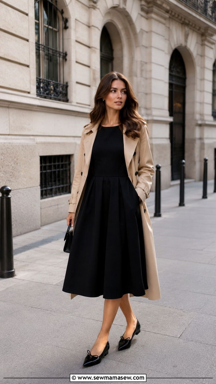 Black midi dress with ballet flats - 25 Midi dress with ballet flats outfit ideas