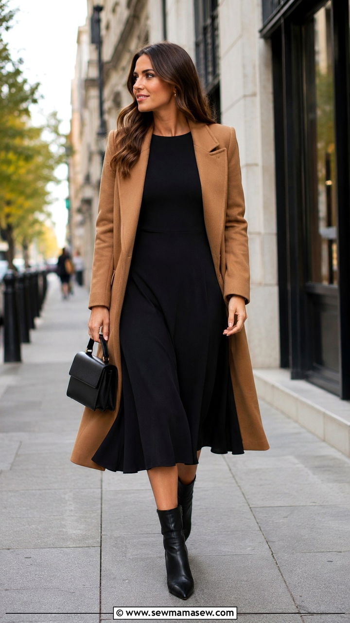 Black midi dress with black ankle boots - 25 Midi dress with ankle boots outfit ideas