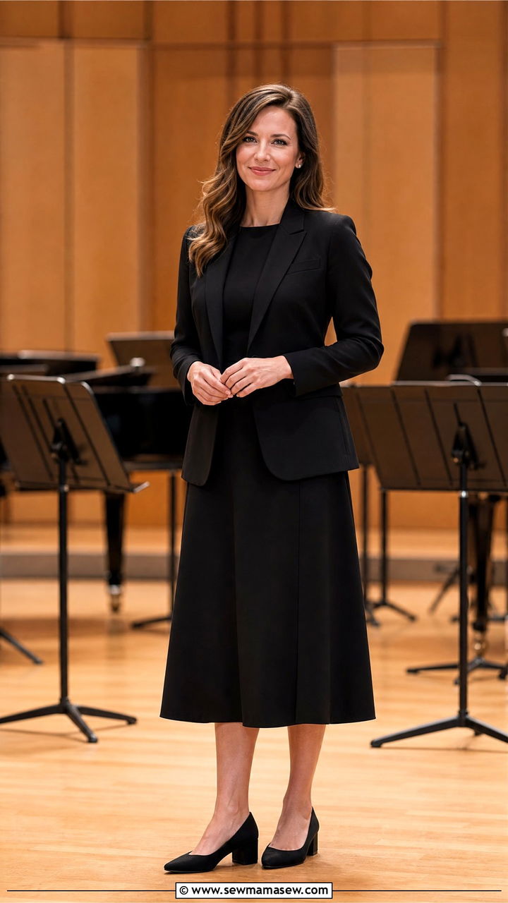 Black midi dress with blazer for concert - 30 Music teacher outfit ideas