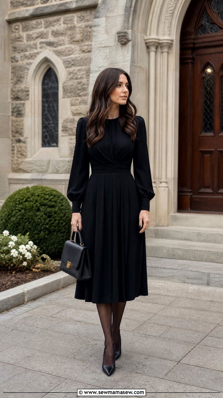 Black midi dress with closed toe pumps - 35 Funeral outfit ideas for women