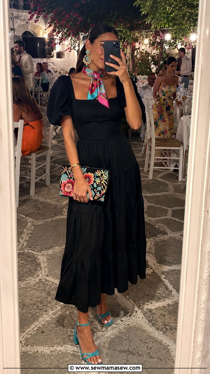 Black midi dress with colorful accessories and heeled sandals for Greek wedding - 20 Wedding guest outfit ideas Greek wedding