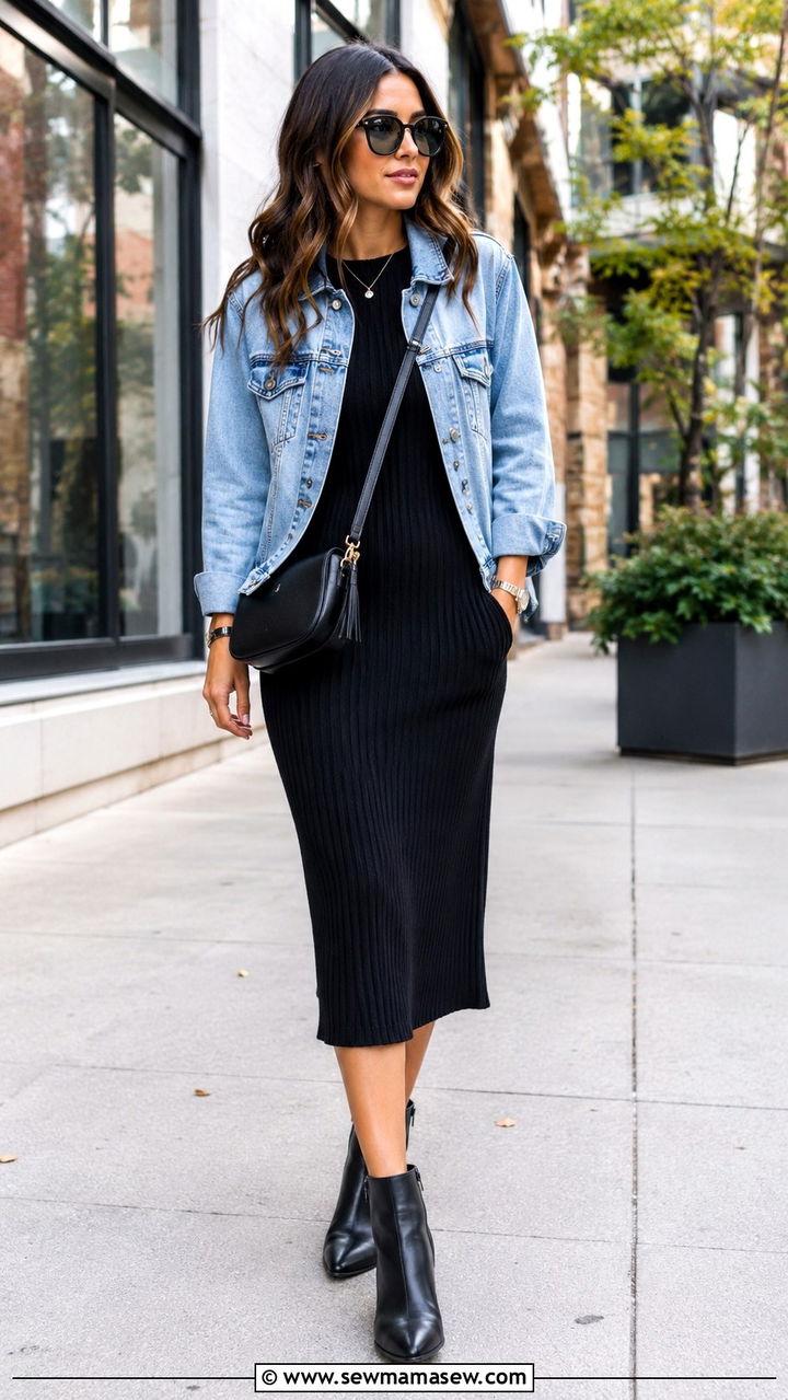 Black midi dress with denim jacket and ankle boots - 30 Midi dress with denim jacket outfit ideas
