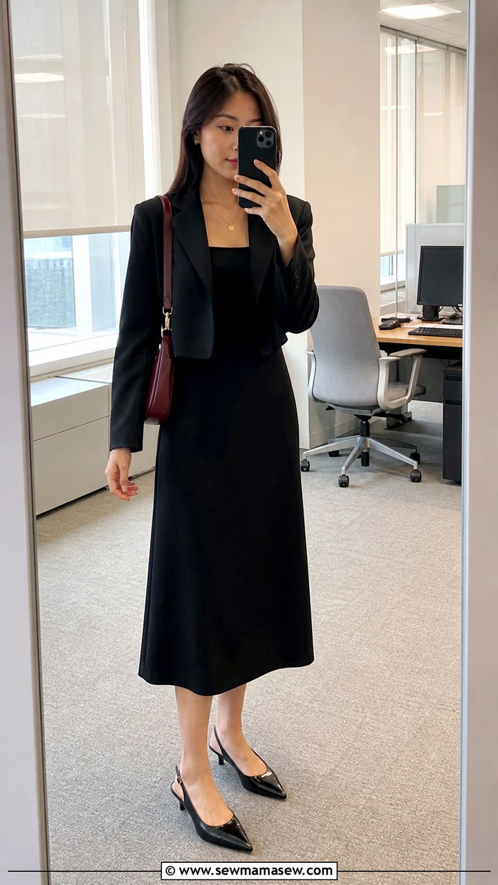Black midi dress with kitten heels - 40 classy office outfits