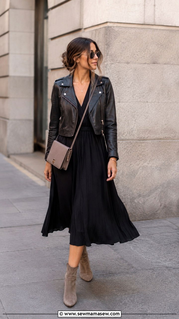Black midi dress with leather jacket and ankle boots - 30 Spring outfits with midi dresses
