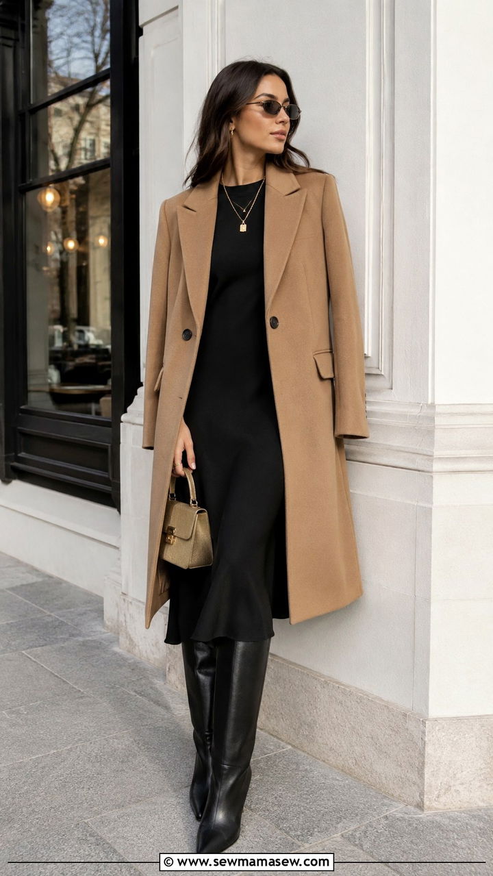 Black midi dress with structured coat - 30 Quiet luxury outfit ideas for brunch