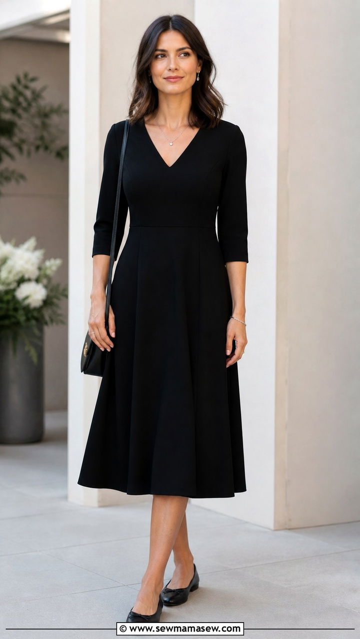 Black midi dress with three quarter sleeves funeral - 40 Funeral outfit ideas