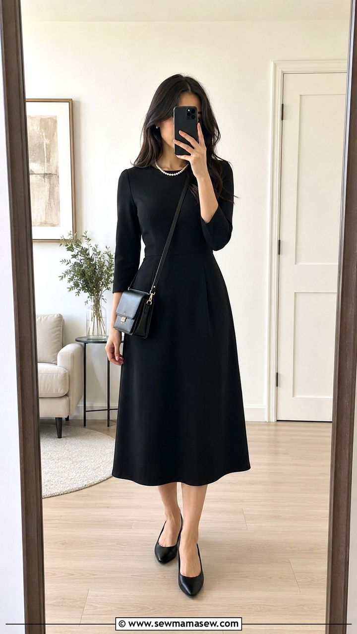 Black midi dress with three quarter sleeves - 30 modest job interview outfit ideas