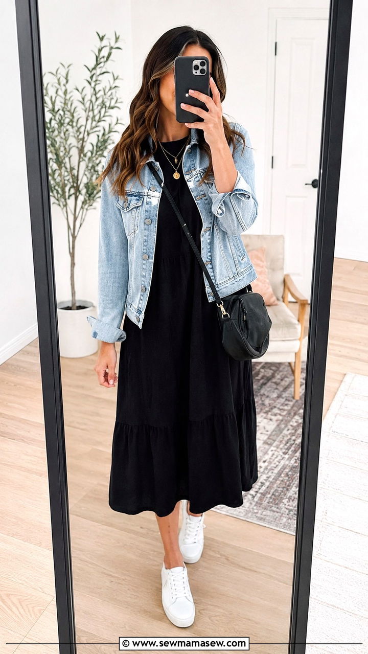 Black midi dress with white sneakers - 30 Midi dress with white sneakers outfit ideas