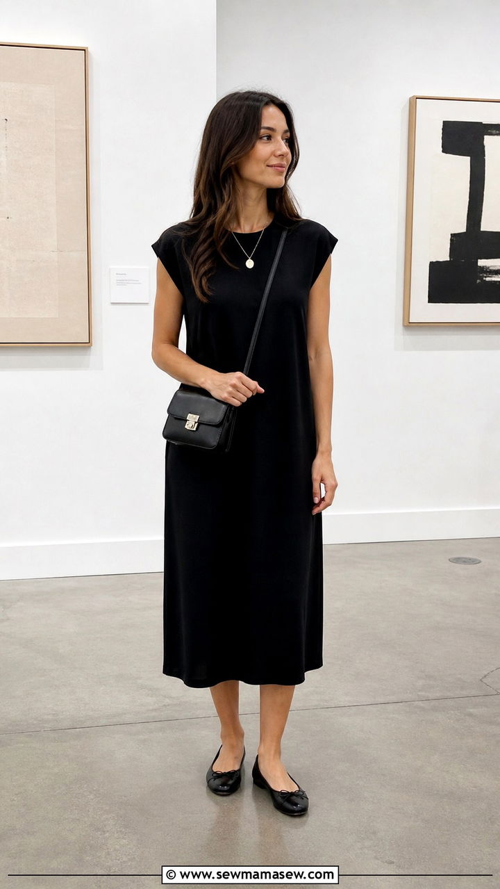 Black midi shift dress with ballet flats - 20 Architect outfit ideas