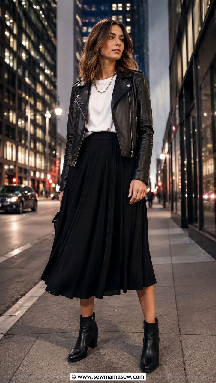 Black midi skirt and leather jacket with ankle boots - 30 How to style a midi skirt in spring
