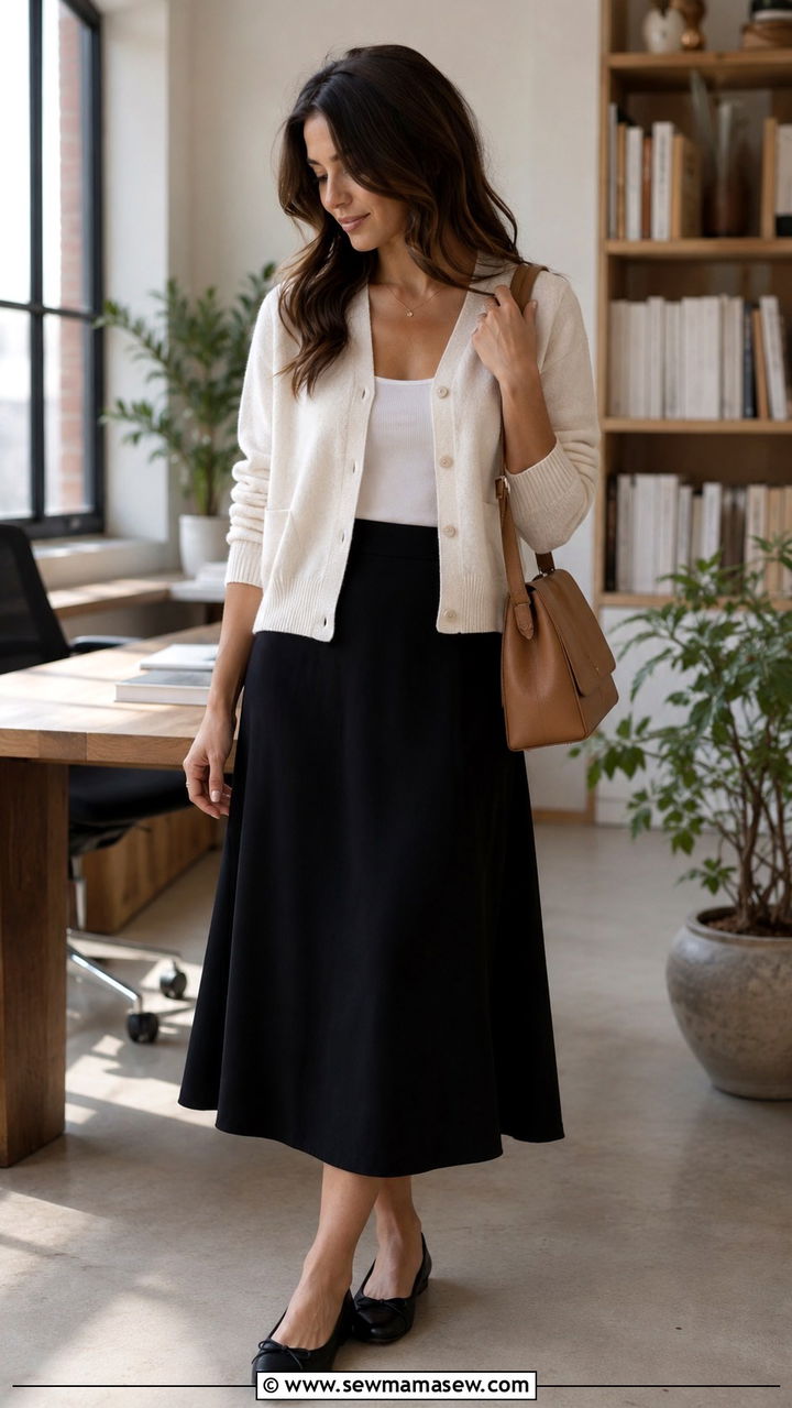 Black midi skirt with cream cardigan outfit - 30 Law firm outfit ideas
