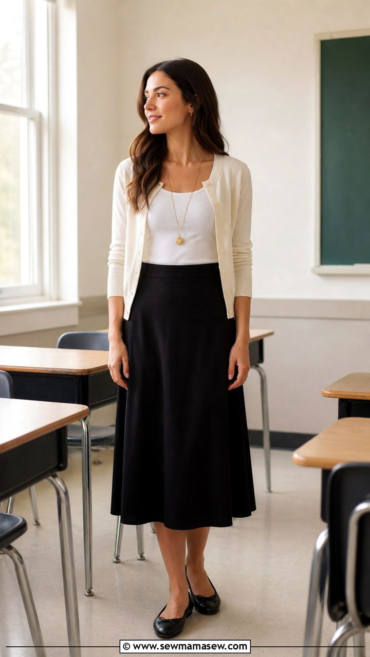 Black midi skirt with cream cardigan - 40 classy teacher outfits
