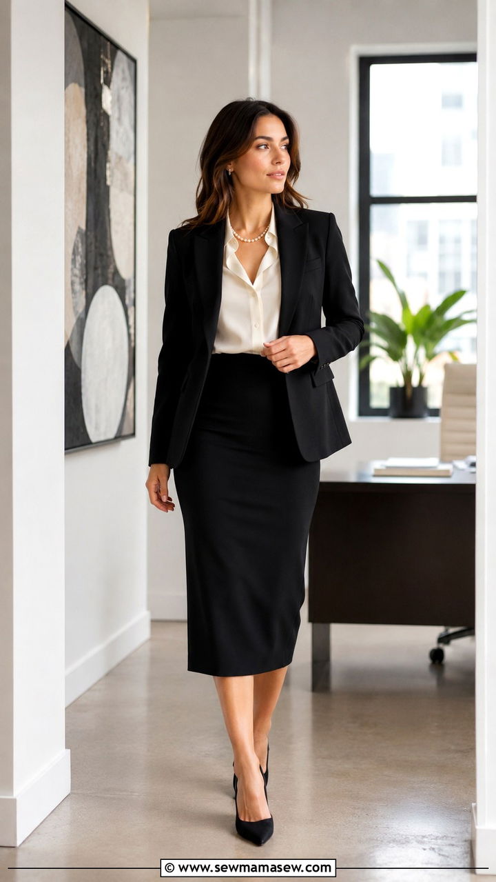 Black midi skirt with cream top and blazer - 30 Spring outfit ideas for realtor
