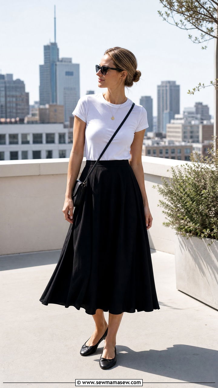 Black midi skirt with fitted white tee - 30 minimalist outfits for women