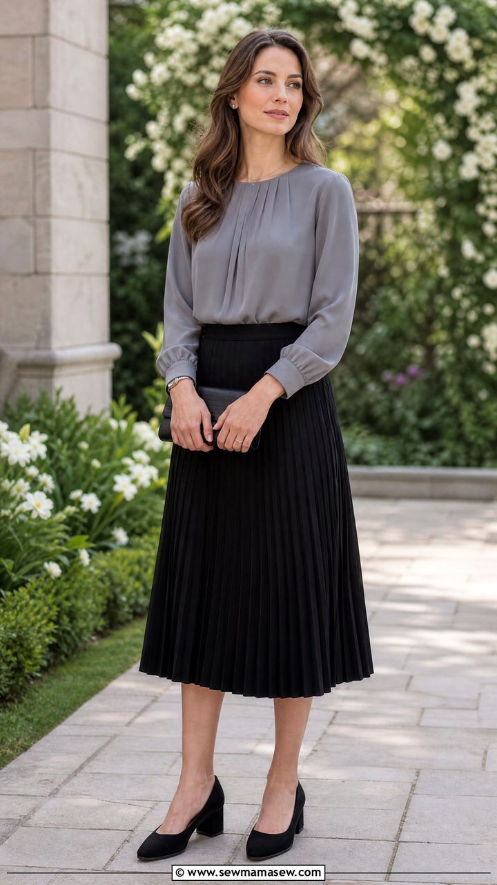 Black midi skirt with long sleeve blouse funeral - 40 Funeral outfit ideas
