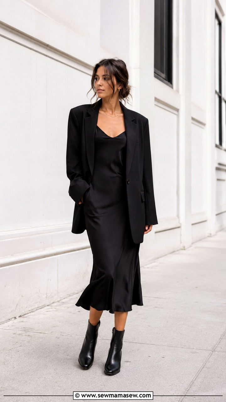 Black midi slip dress with an oversized blazer - 25 Petite work outfit ideas with dress
