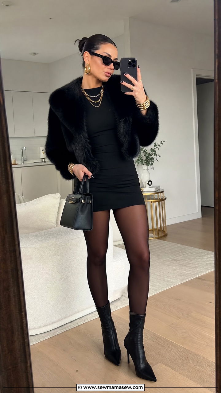 Black mini dress with statement gold jewelry and fur - 35 Mob wife outfit ideas