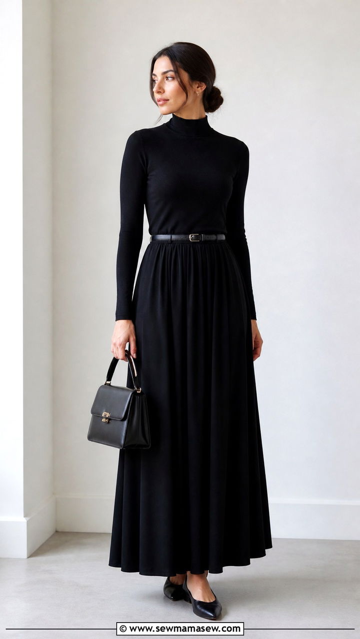 Black mock neck top with maxi skirt funeral outfit - 40 Funeral outfit ideas