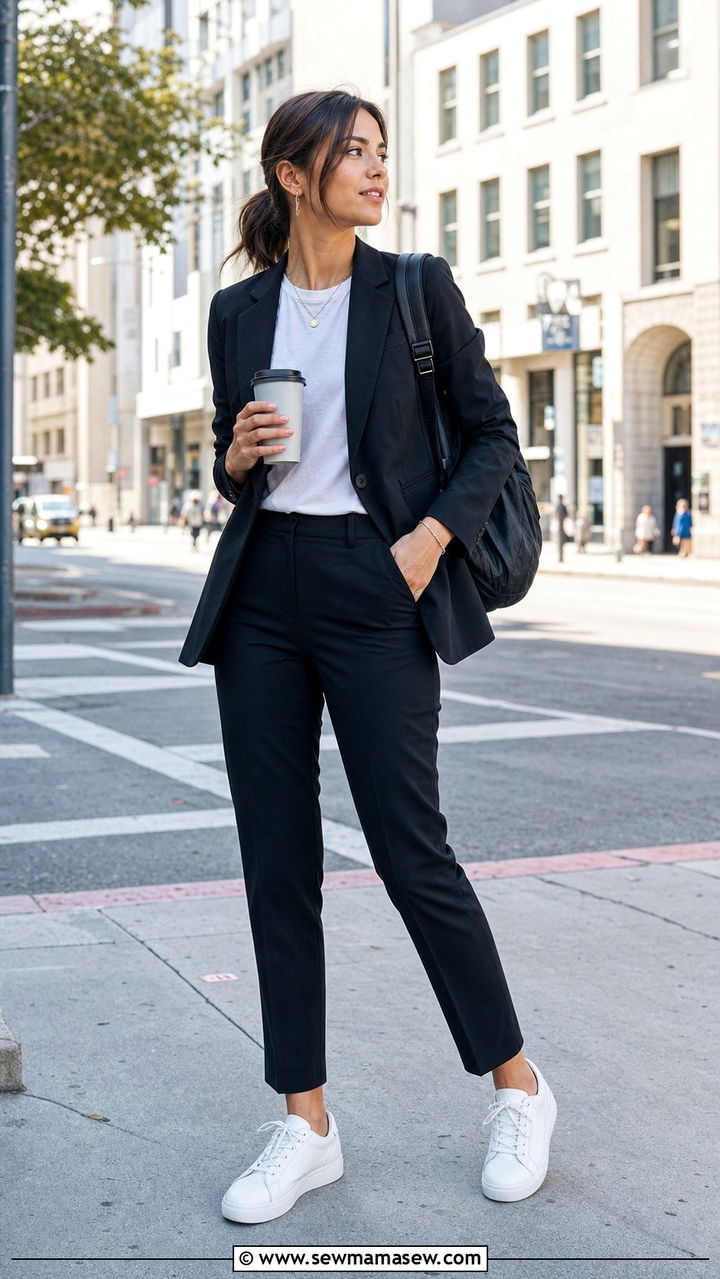 Black monochrome suit with sneakers outfit - 35 Business casual outfits for young professionals