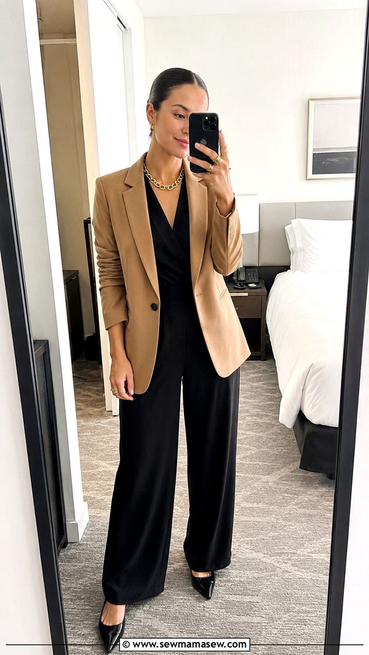 Black one piece jumpsuit with tailored blazer and gold accessories - 30 Business travel capsule wardrobe