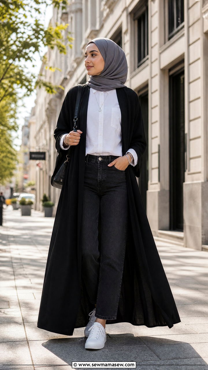 Black open abaya over white shirt and jeans - 30 Modest capsule wardrobe 2026
