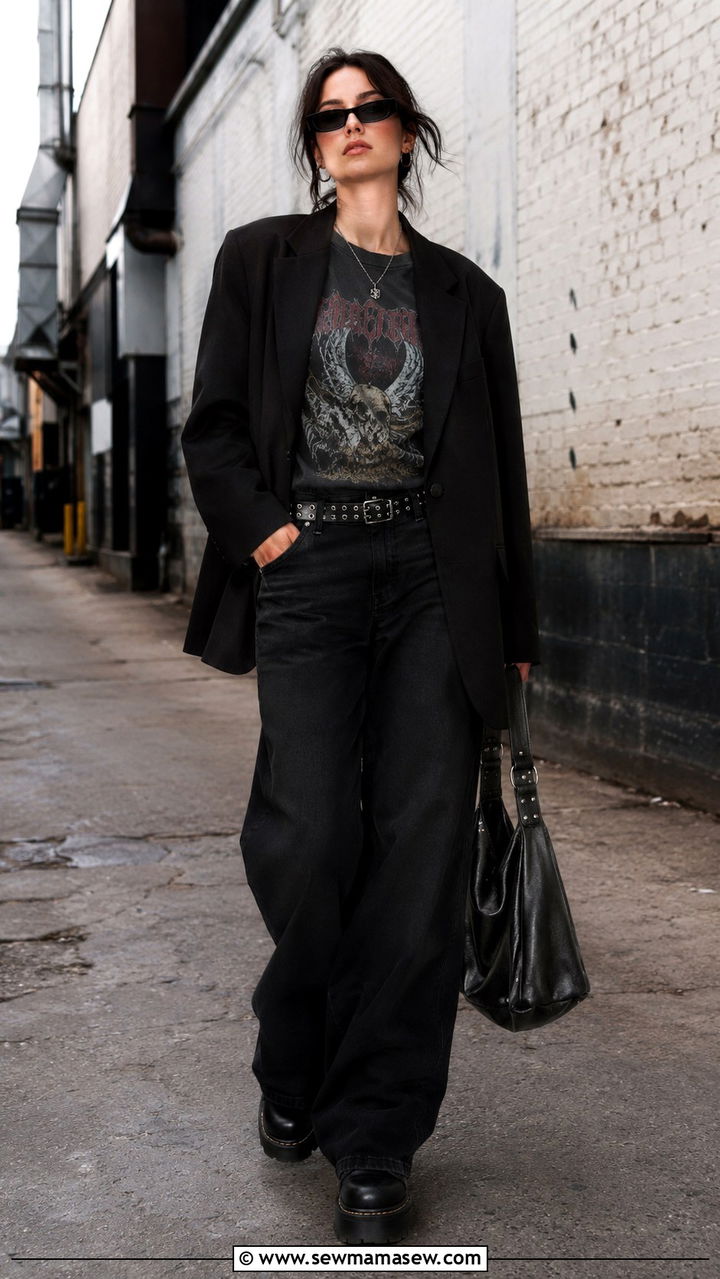 Black oversized blazer with a graphic band tee and chunky combat boots - 25 Wide leg black pants outfit ideas with a blazer