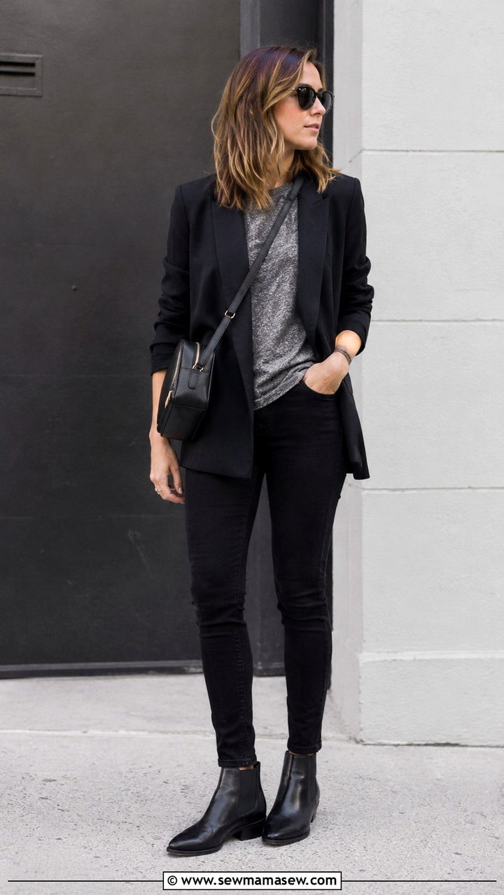 Black oversized blazer with grey marle tee and dark denim - 30 quiet luxury capsule wardrobe outfits