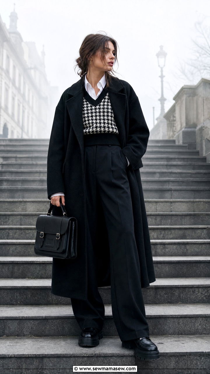Black oversized coat and houndstooth vest outfit - 30 dark academia outfits ideas