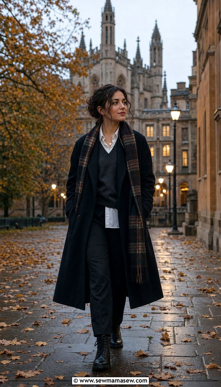 Black oversized coat and sweater vest - 25 dark academia outfits inspo