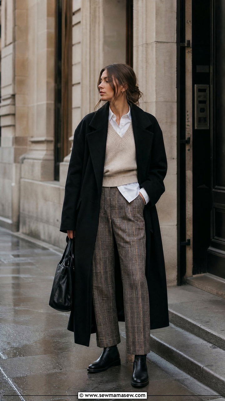 Black oversized coat with sweater vest and plaid pants outfit - 25 classy dark academia outfit ideas