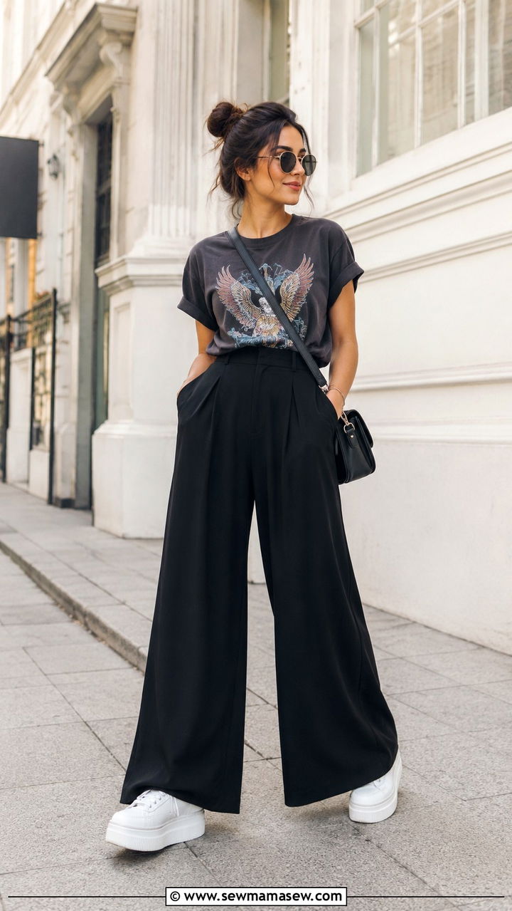 Black palazzo pants with graphic tee and chunky sneakers - 30 casual palazzo pants outfits