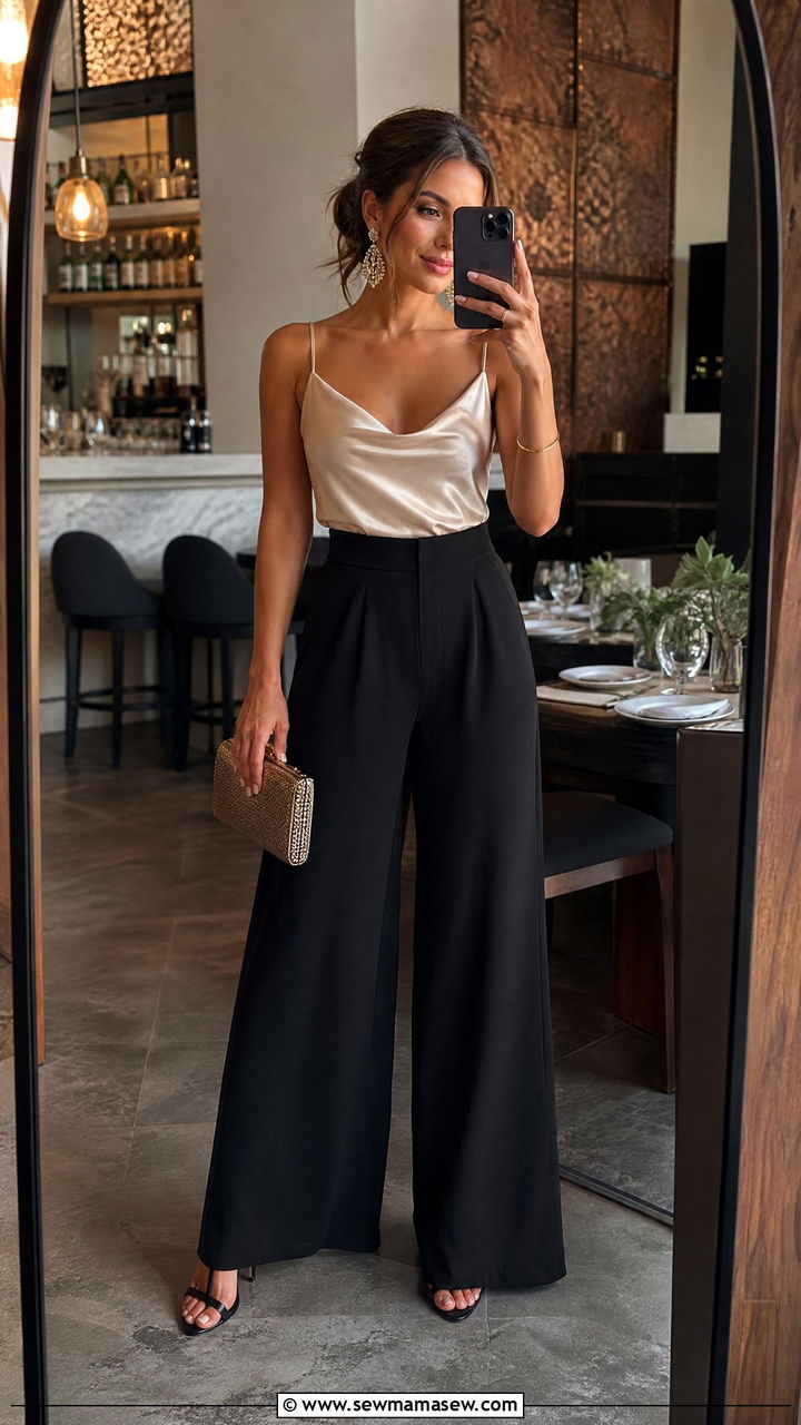 Black palazzo pants with satin camisole and heels - 25 chic palazzo pants outfit ideas