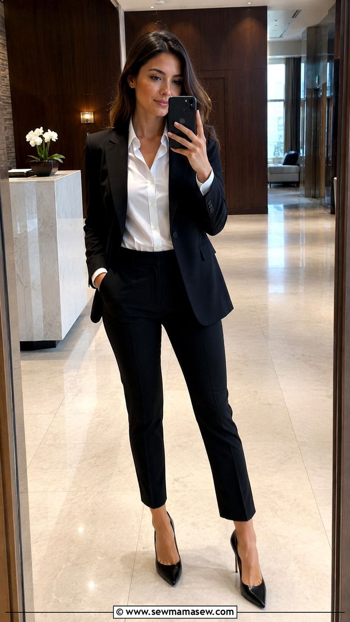Black pantsuit with white blouse and pumps - 25 Recruiter outfit ideas