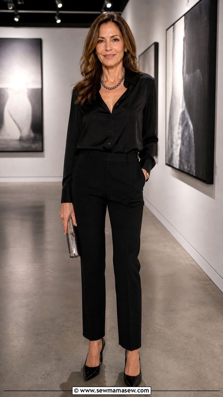 Black pearl necklace with monochrome outfit for evening edge - 40 Pearl necklace outfit ideas