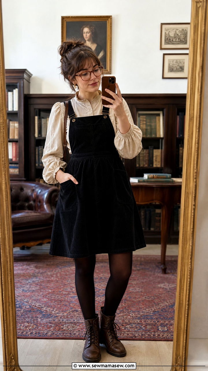 Black pinafore dress and puff sleeve shirt - 25 classy dark academia outfits