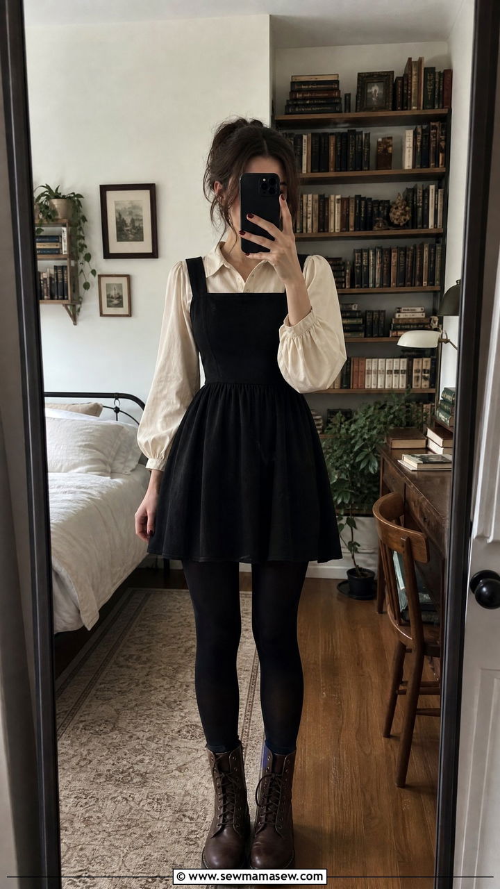 Black pinafore dress over puff sleeve blouse outfit - 25 classy dark academia outfit ideas