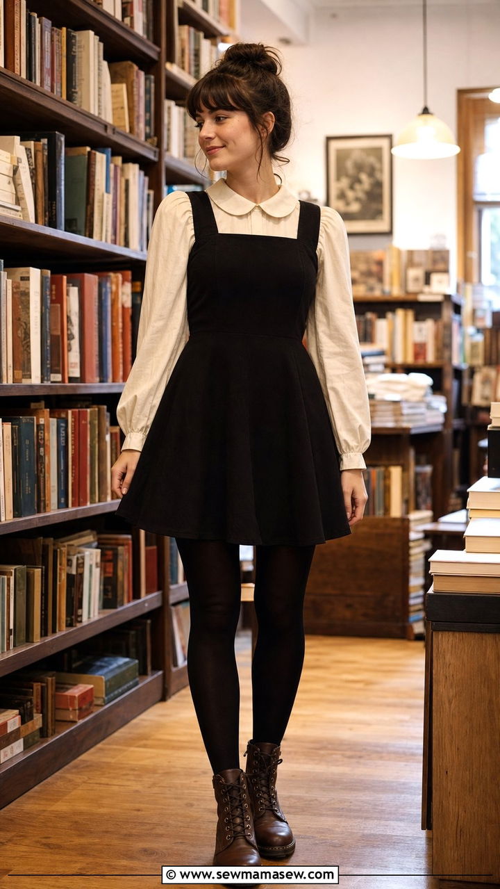 Black pinafore dress over puff sleeve shirt - 25 dark academia outfits inspo