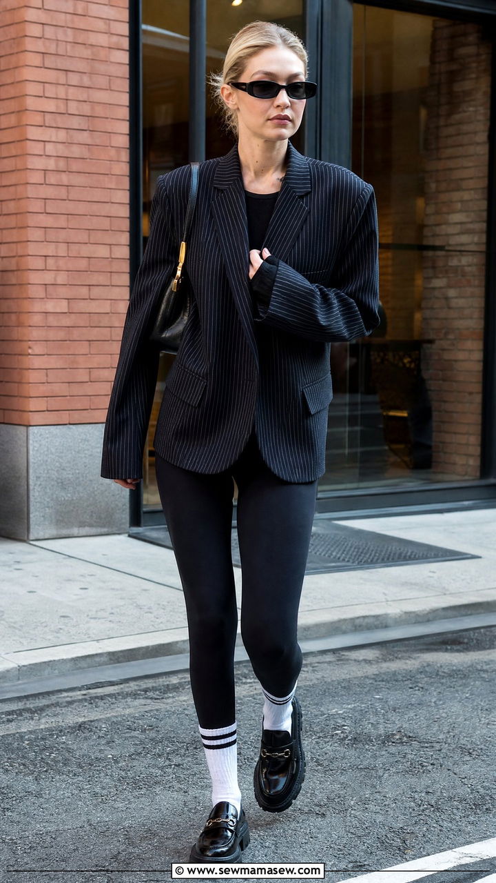 Black pinstripe blazer with leggings and chunky loafers - 35 Gigi Hadid spring outfit ideas