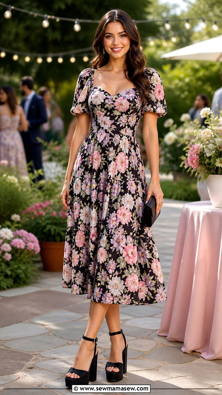 Black platform sandals with a printed midi dress - 40 platform sandals outfit ideas